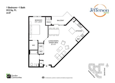 Floor plan for 1 bed, 1 bath, 912 sqft